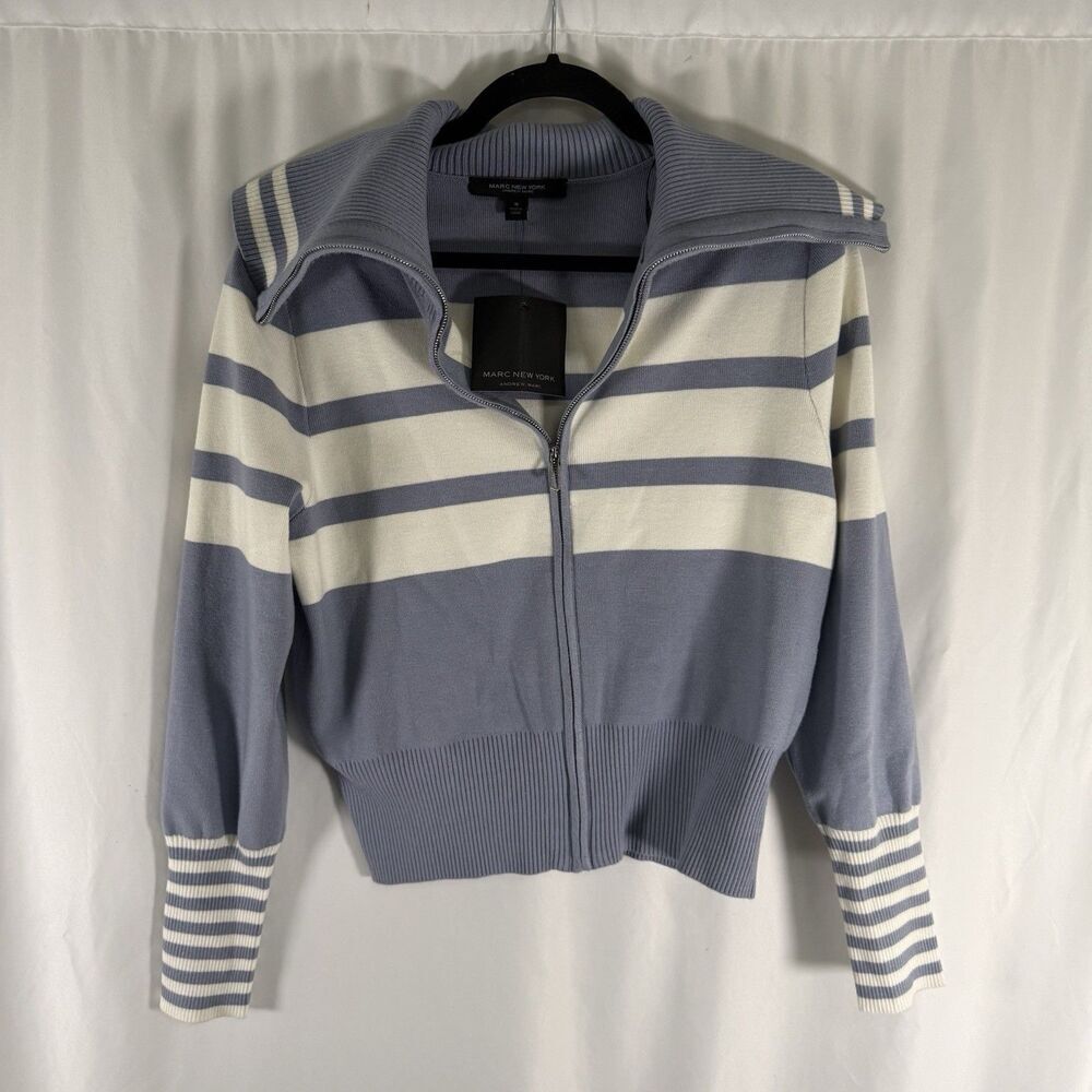 New Marc New York Sweater Jacket Women's Medium Blue White Striped Soft Full Zip